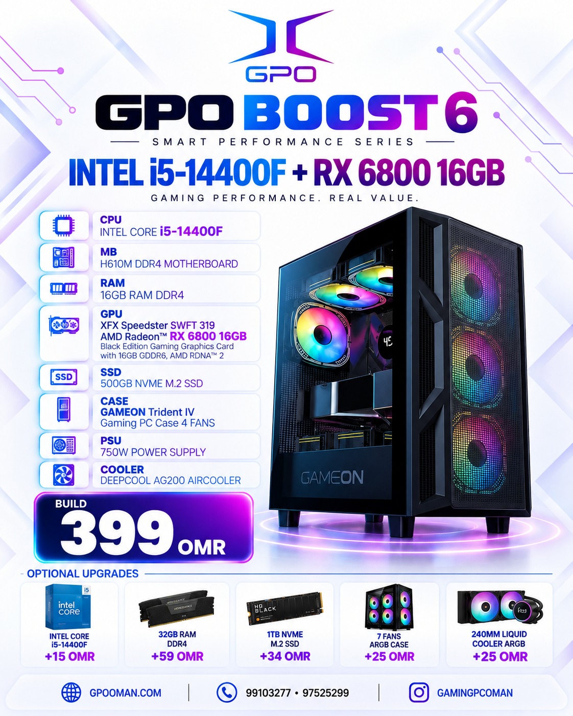 XFX Speedster SWFT 319 AMD Radeon RX 6800 16GB INTEL CORE i5-14400F 16GB RAM DDR4 H610M DDR4 MOTHERBOARD 500GB NVME M.2 SSD GAMEON Trident IV Gaming PC Case 4 FANS 750W POWER SUPPLY DEEPCOOL AG200 AIRCOOLER