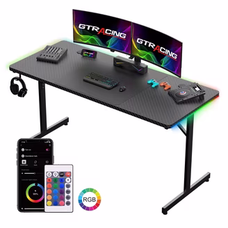 Carbon fiber texture desktop, thickness is 18 mm 2. Including the headphone hook, cup holder, mouse pad 80*40. 3. There have RGB magic light beside the panel.