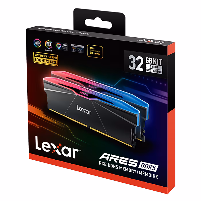 32GB Lexar Ares DDR5 6800 Memory with heatsink and RGB lighting, Dual pack, Black Color