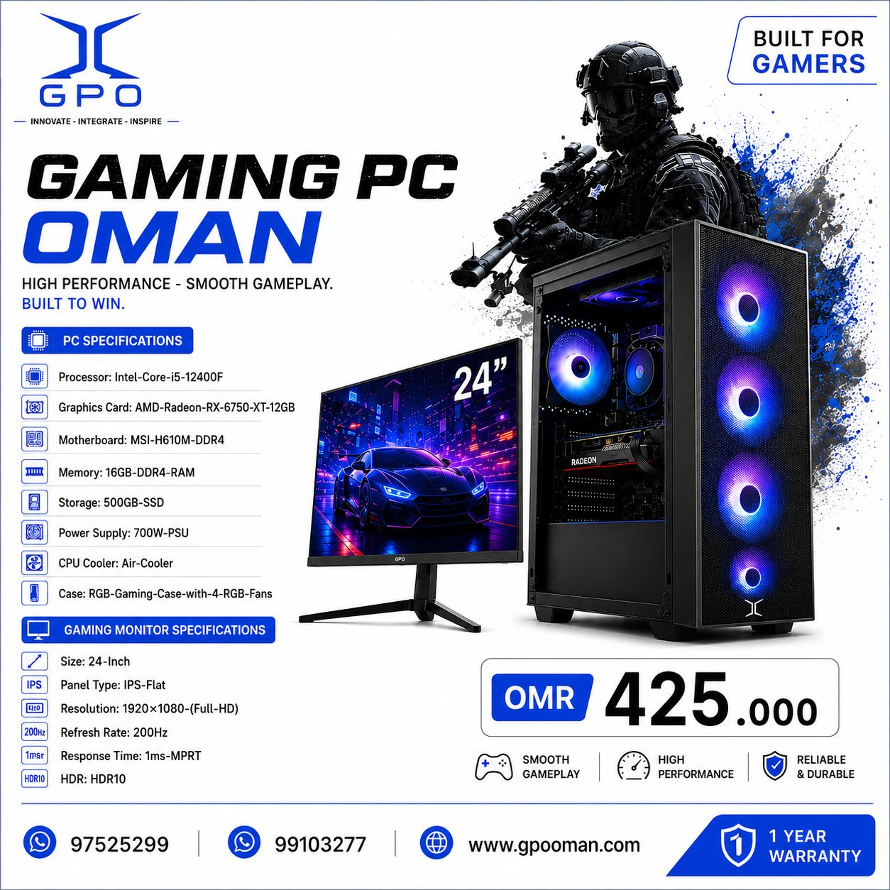 Processor: Intel Core i5-12400F Graphics Card: AMD Radeon RX 6750 XT 12GB Motherboard: MSI H610M DDR4 Memory: 16GB DDR4 RAM Storage: 500GB SSD Power Supply: 700W PSU CPU Cooler: Air Cooler Case: RGB Gaming Case with 4 RGB Fans Gaming Monitor Specifications Size: 24 Inch Panel Type: IPS Flat Resolution: 1920 × 1080 (Full HD) Refresh Rate: 200Hz Response Time: 1ms MPRT HDR: HDR10