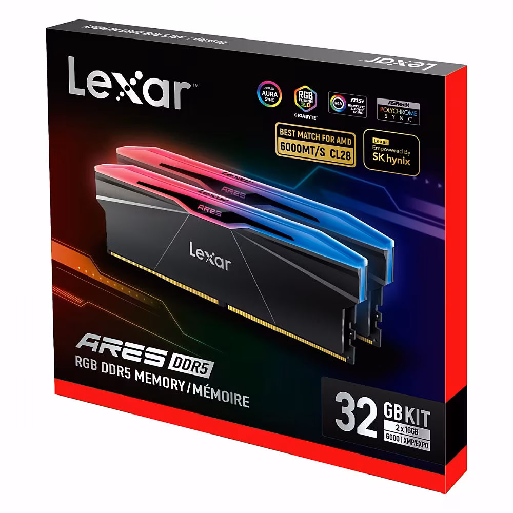 32GB Lexar Ares 2nd Gen DDR5 6000 CL28 heatsink, and RGB lighting, Black Color