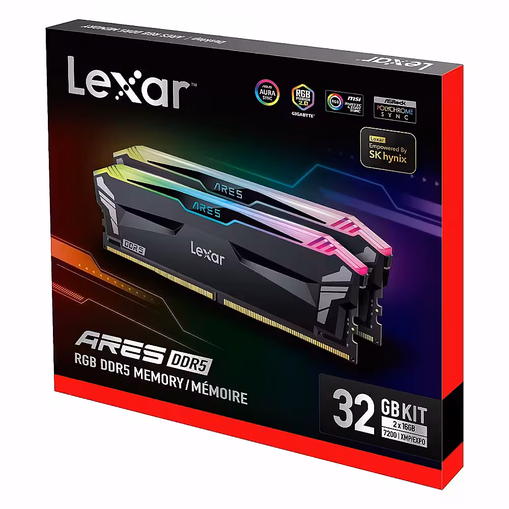 32GB Lexar Ares DDR5 7200 Memory with heatsink and RGB lighting, Dual pack, Black Color