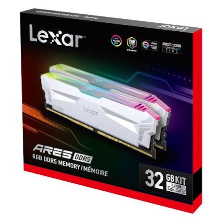 32GB Lexar Ares DDR5 6400 CL32 1.4V Memory with heatsink and RGB lighting,Dual pack, White Color