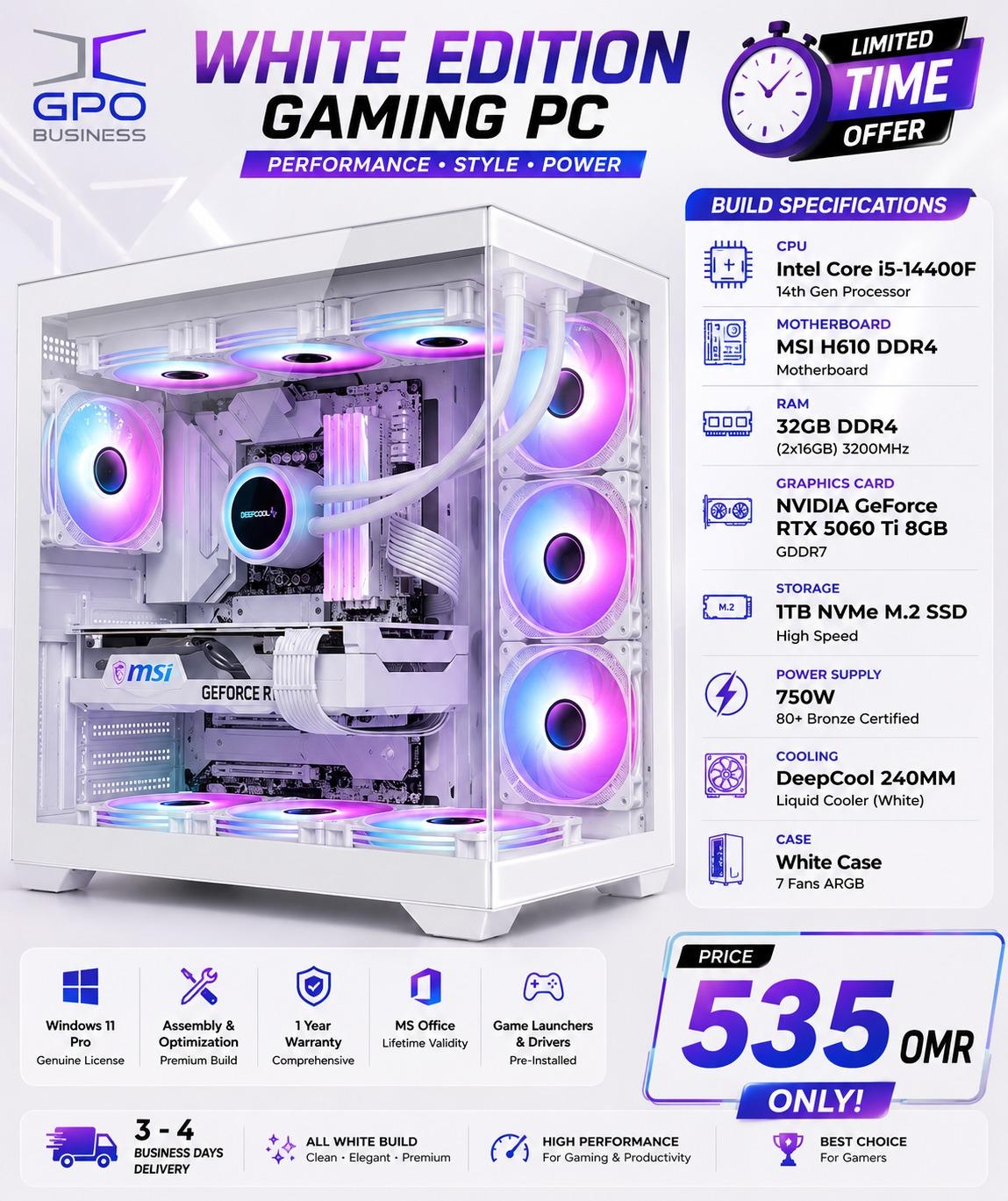 Intel Core i5-14400F 14th Gen Processor MSI H610 DDR4 Motherboard 32GB DDR4 (2x16GB) 3200MHz NVIDIA GeForce RTX 5060 Ti 8GB GDDR7 1TB NVMe M.2 SSD High Speed 750W 80+ Bronze Certified DeepCool 240MM Liquid Cooler (White) White Case 7 Fans ARGB