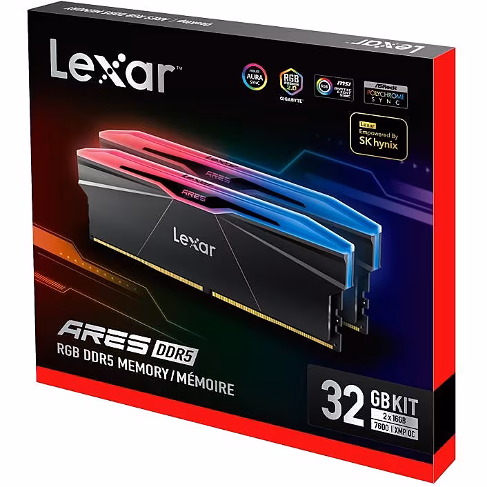 32GB Lexar Ares DDR5 2nd GEN 7600 CL36 Memory with heatsink and RGB lighting, Dual pack, Black Color