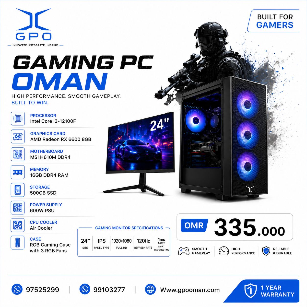 Processor: Intel Core i3-12100F Graphics Card: AMD Radeon RX 6600 8GB Motherboard: MSI H610M DDR4 Memory: 16GB DDR4 RAM Storage: 500GB SSD Power Supply: 600W PSU CPU Cooler: Air Cooler Case: RGB Gaming Case with 3 RGB FaN Gaming Monitor Specifications Size: 24 Inch Panel Type: IPS Flat Resolution: 1920 × 1080 (Full HD) Refresh Rate: 120Hz Response Time: 1ms MPRT