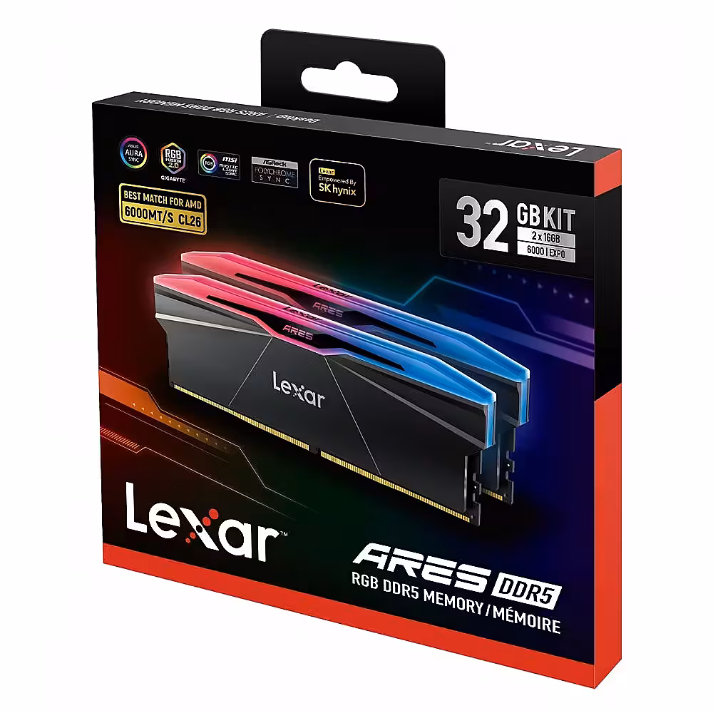 32GB Lexar Ares 2nd Gen DDR5 6000 CL26 heatsink, and RGB lighting, Black Color