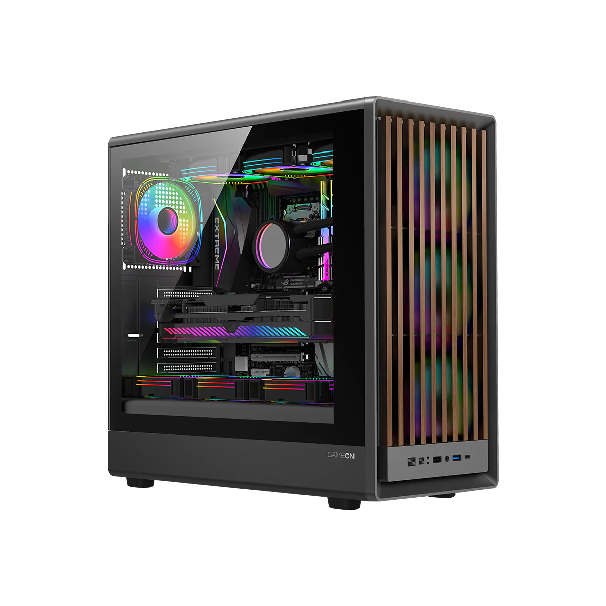 GAMEON TIMBER Midnight Series ARGB + PWM Mid Tower Gaming Case - Wood/Black