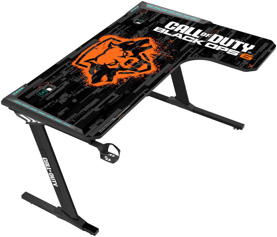 Call of Duty Flowing Light Gaming Desk With Full Table Mouse pad, Wireless Charger, USB Splitter, Headphone Hook, Cup Holder