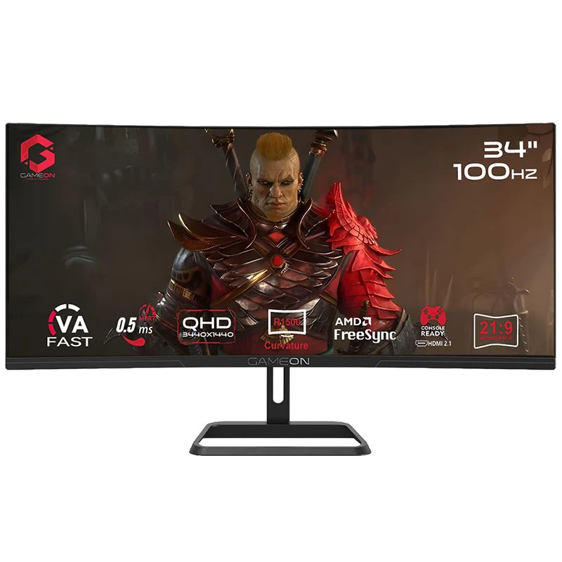 GAMEON GOC34WQHD100VA Curved Gaming Monitor, 34" VA Display, WQHD Resolution, 100Hz Refresh Rate, 0.5ms (MPRT) Response Time, FreeSync & Adaptive Sync VRR Technology, Black | GOC34WQHD100VA